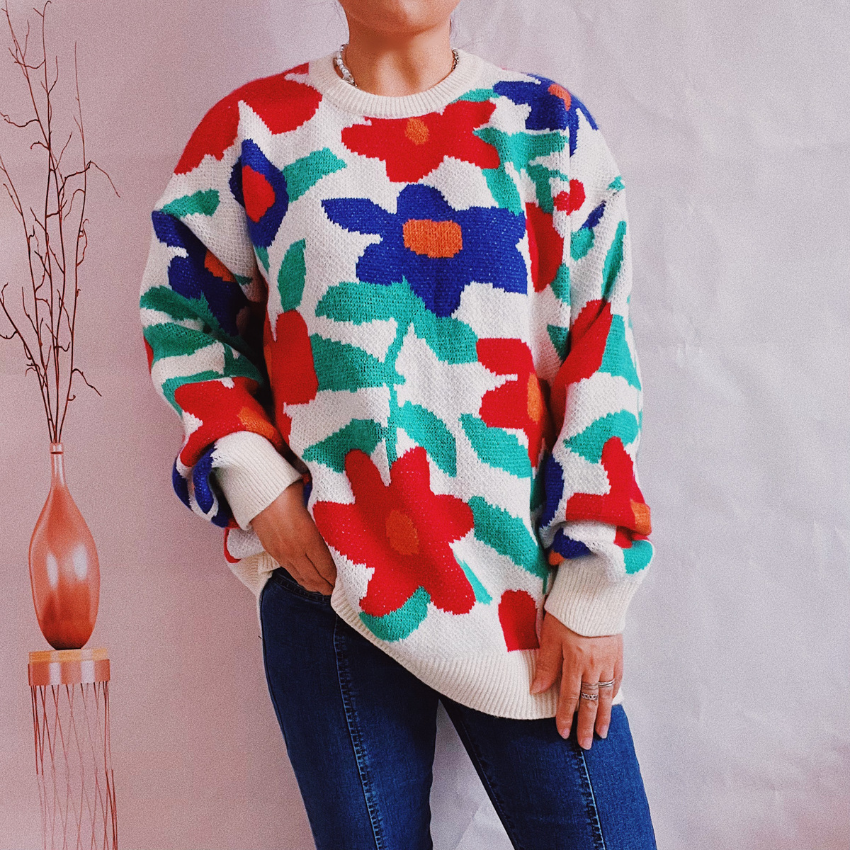 Fashion Flower Polyester Round Neck Long Sleeve Regular Sleeve Jacquard Sweater display picture 5