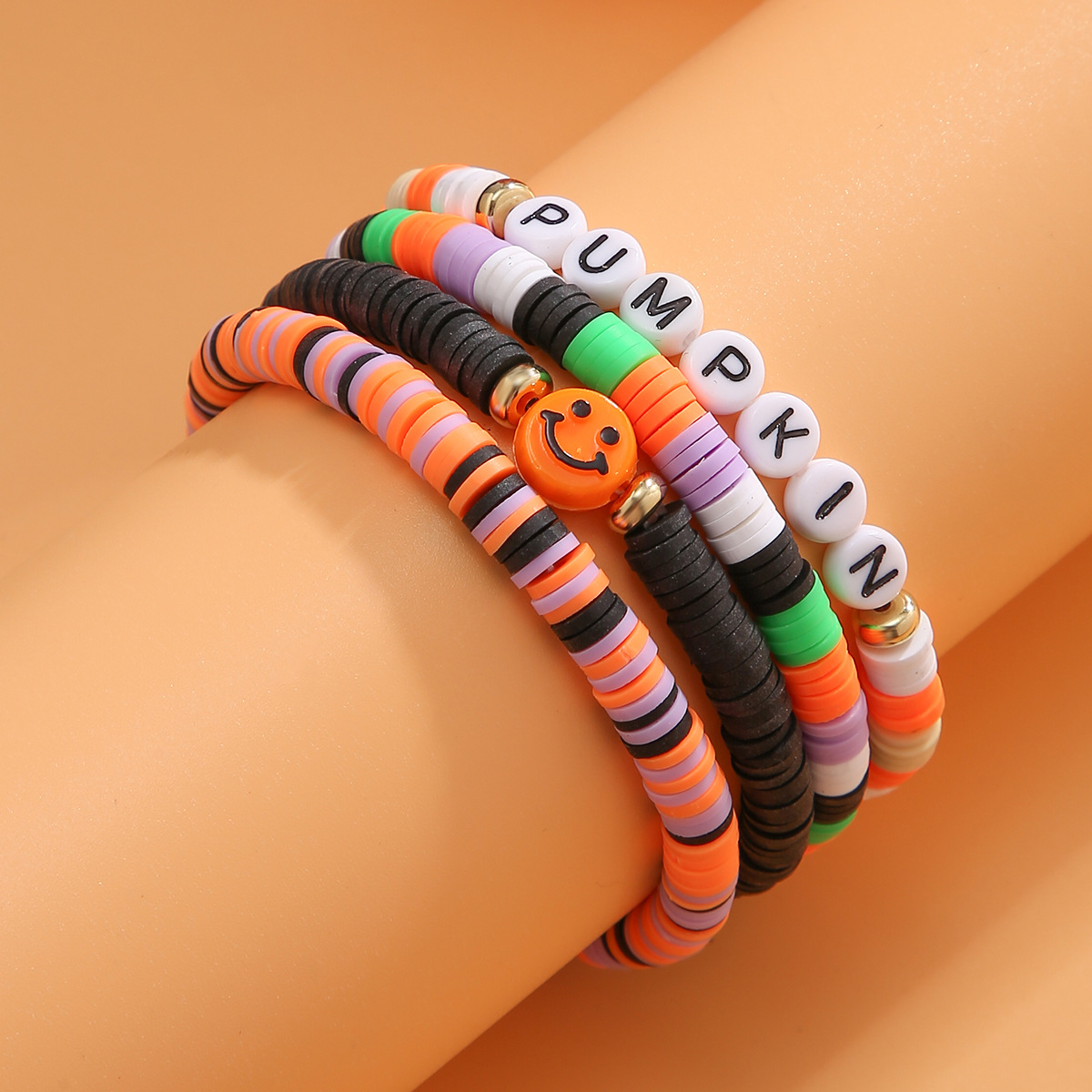 Bracelet de citrouille en perles d'Halloween, ensemble de bijoux de vacances en poterie souple, bracelet en dopamine élastique_voghion.com