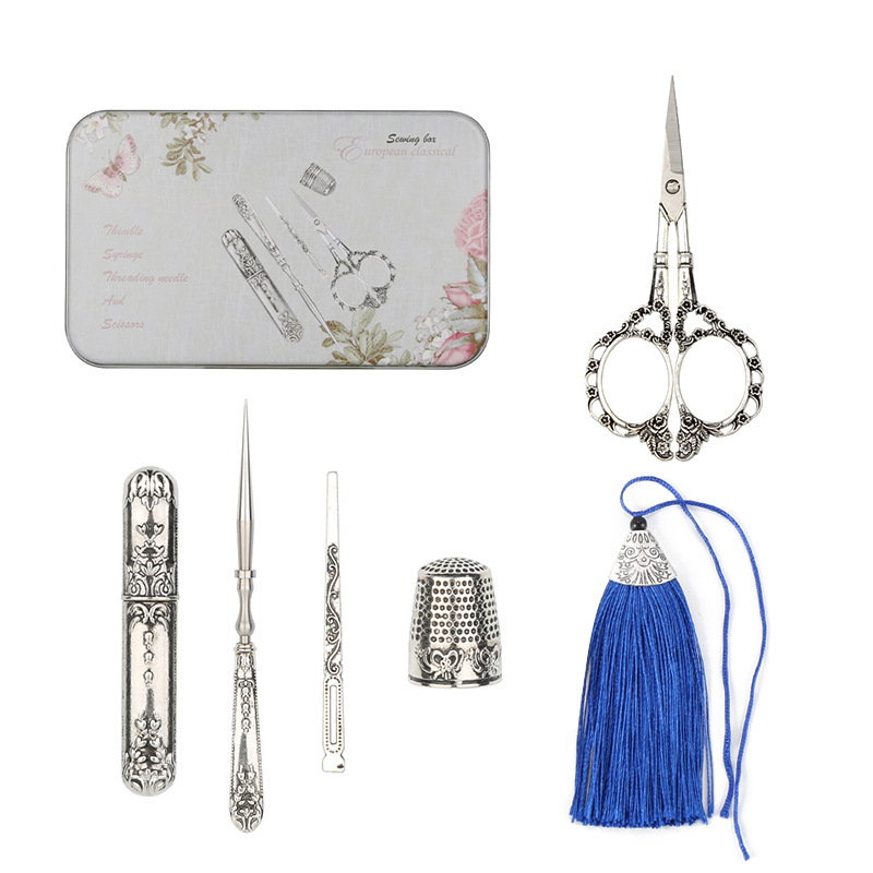 Plum Blossom plata 5 piezas conjunto con agujas y borlas