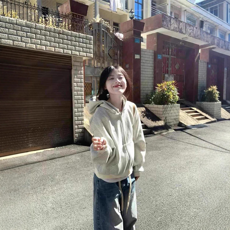 韩系早秋穿搭条纹开衫连帽卫衣外套女春秋季2025新款宽松长袖上衣|undefined