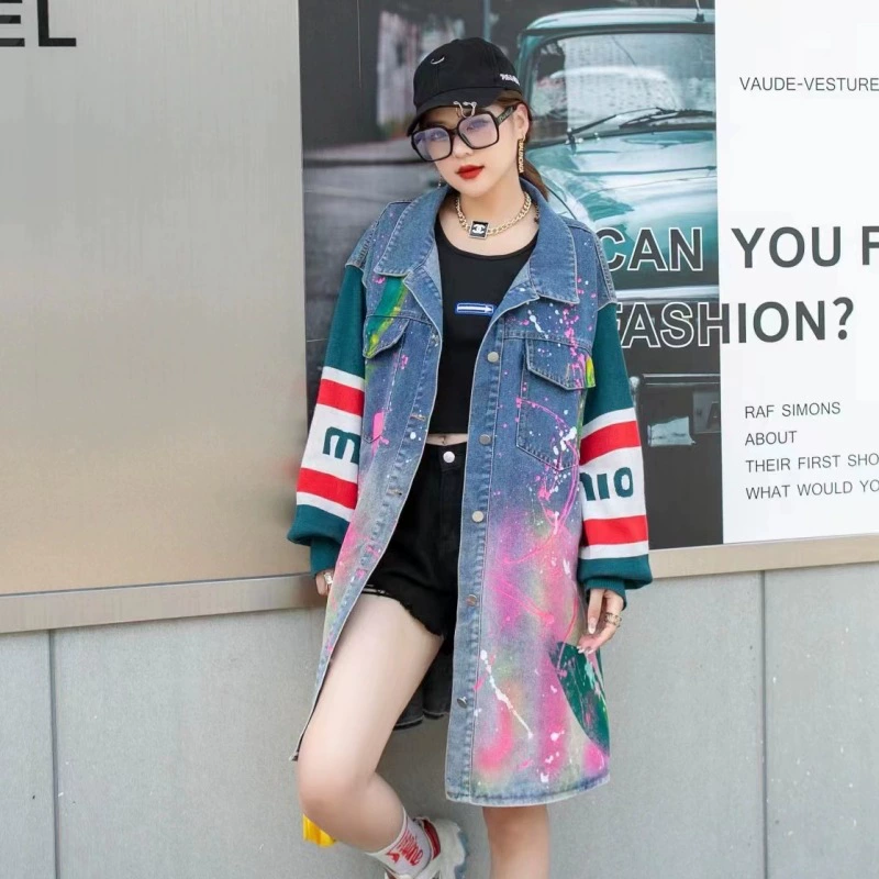 Осенняя джинсовая длинная куртка, плащ, Таиланд, этнический стиль, длина по середине, западный стиль