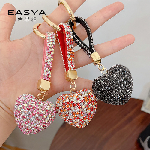 Korean Version Full Diamond Heart Keychain Couple Elegant Pendant Ring Car Bag Accessory Keychain Wholesale