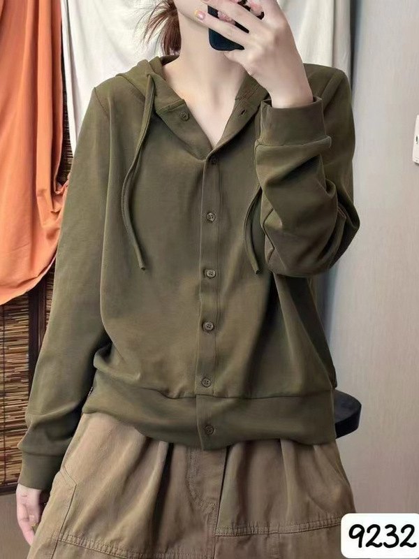古咖服饰2025秋款亲肤精梳棉连帽上衣女复古文艺纯色长袖开衫卫衣|undefined