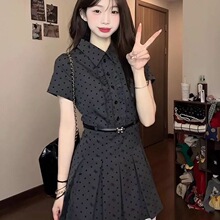 韩系复古假两件波点短袖连衣裙女装夏季学院风收腰显瘦A字连衣裙
