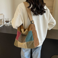2024新款單肩包女包簡約時尚韓版大容量手提撞色拼接百搭帆布包包