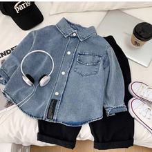 新款儿童牛仔衬衫春秋上衣中小童洋气翻领外套男女童长袖帅气潮款