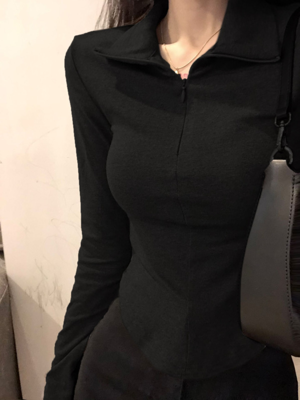 美式长袖上衣女修身拉链t恤春秋胖mm大码显瘦翻领紧身内搭打底衫|undefined