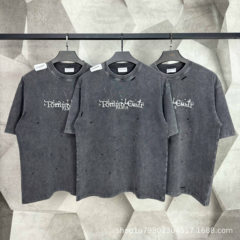 Ready-made HeavyweighT Tommy cash Washed and DisTressed Margiela Round Neck T-shirT wiTh Holes dirtyfit in Seconds