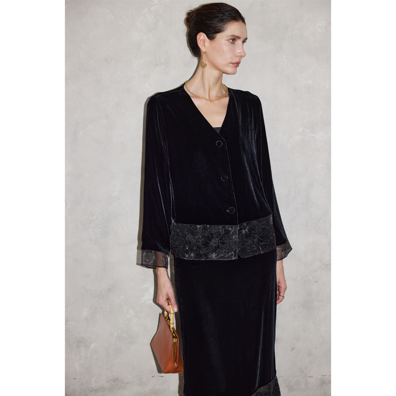 Silk Velvet Blazer for Women 2026 Autumn and Winter New Style Embroidered Organza Splicing Mulberry Silk Top