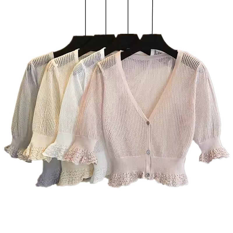 Summer New Arrival Short Half Sleeve Lace Trumpet Sleeve Hollow Knitted Cardigan Ultra-thin V-neck Coat Women's Sunscreen Shirt Summer New Arrival Short Half Sleeve Lace Trumpet Sleeve Hollow Knitted Cardigan Ultra-thin V-neck Coat Women's Sunscreen Shirt