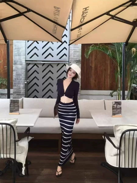 Slim High-Waisted Relaxed Style Hot Girl Casual Knitted Striped Long Skirt Sexy Pure Lust Double-Layer Skirt Women's Clothing