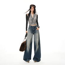 稚橘#港风复古水洗做旧设计阔腿牛仔裤女宽松显瘦翻折腰拖地长裤