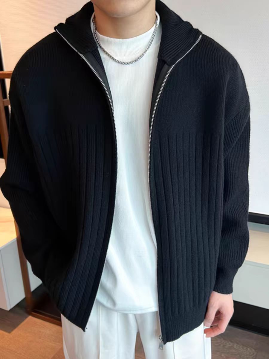 Color sólido retro holga camisa de punto suéter de cuello alto de hombre con cremallera de cuello de moda cardigan chaqueta de alta calidad simple