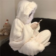 可爱毛绒绒连帽珊瑚绒睡衣女冬季新款加绒加厚保暖大码家居服套装