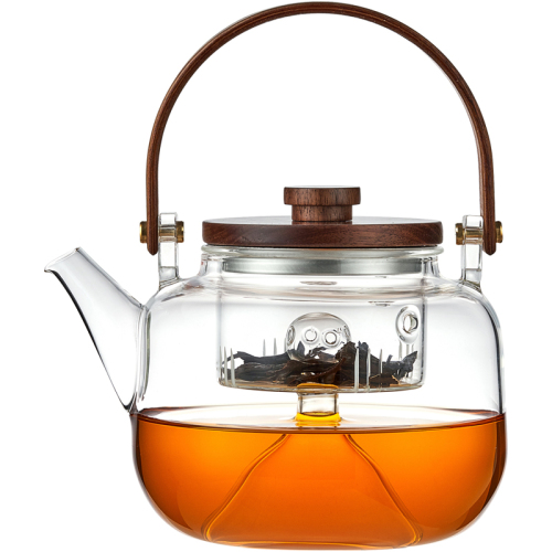 Japanese style walnut lid glass teapot double liner high borosilicate glass wooden handle handle teapot glass teapot