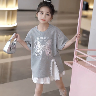 Girl's Sequin T Summer 2024 New Western Style Children's Internet Popular Short Sleeve Summer Girl's Summer Western Style Half-length T Skirt
