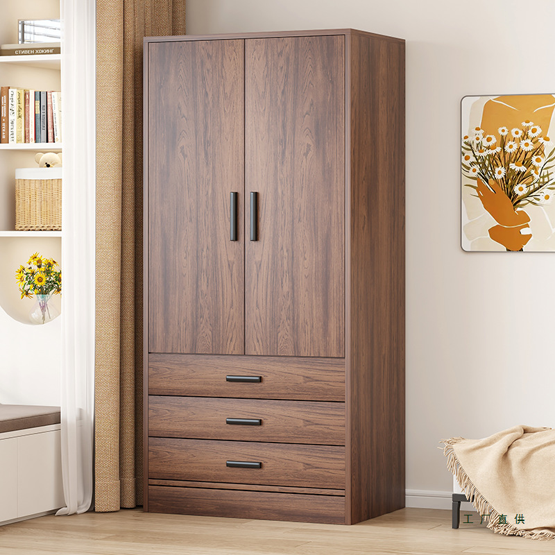 Wardrobe New Model 2025 Popular Retro Walnut Home Bedroom Small Apartment Assembly Storage Cabinet Rental Room Hanging Wardrobe