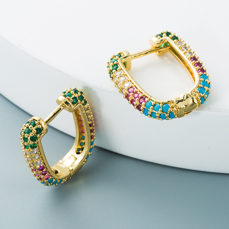 JNihaojewelry wholesale jewelry simple doublesided Ushaped copper inlaid color zircon ear bucklepicture7