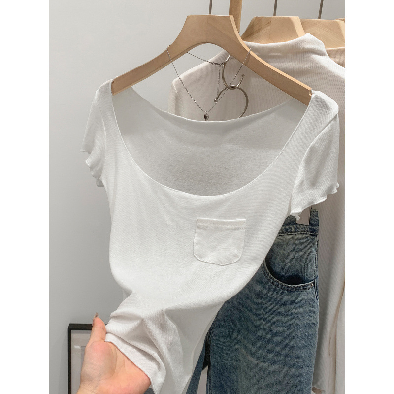 [in Stock] Lyocell Tencel Large U-Neck Short Sleeve T-Shirt Summer New Style Pure Desire Sexy Slim Fit Top
