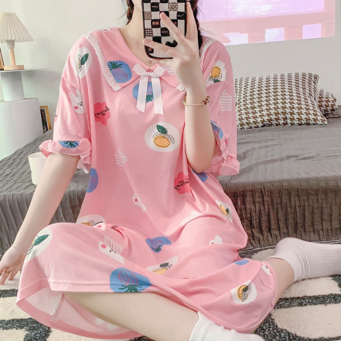 2023 camisón de verano chica manga corta lindo flojo fino seda la leche pijamas fresco estudiante homewear al por mayor