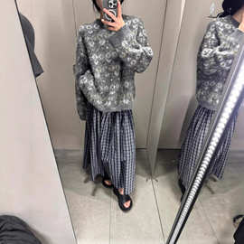 跨境外贸2025年秋冬款欧美风时尚女装复古百搭擦色效果提花毛衣女