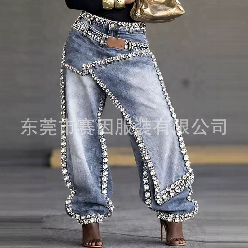 Cross-Border Independent Site Amazon 2026 New Design Layered Wash Denim Jeans with Rhinestones Wide-Leg Pants Cross-Border Independent Site Amazon 2026 New Design Layered Wash Denim Jeans with Rhinestones Wide-Leg Pants