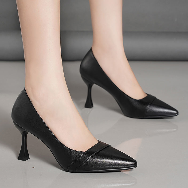 本革の疲れにくいハイヒールの女性用黒のプロフェッショナルスティレットヒールの先のとがった面接用の小さな革靴エチケットスチュワーデスの作業靴|undefined