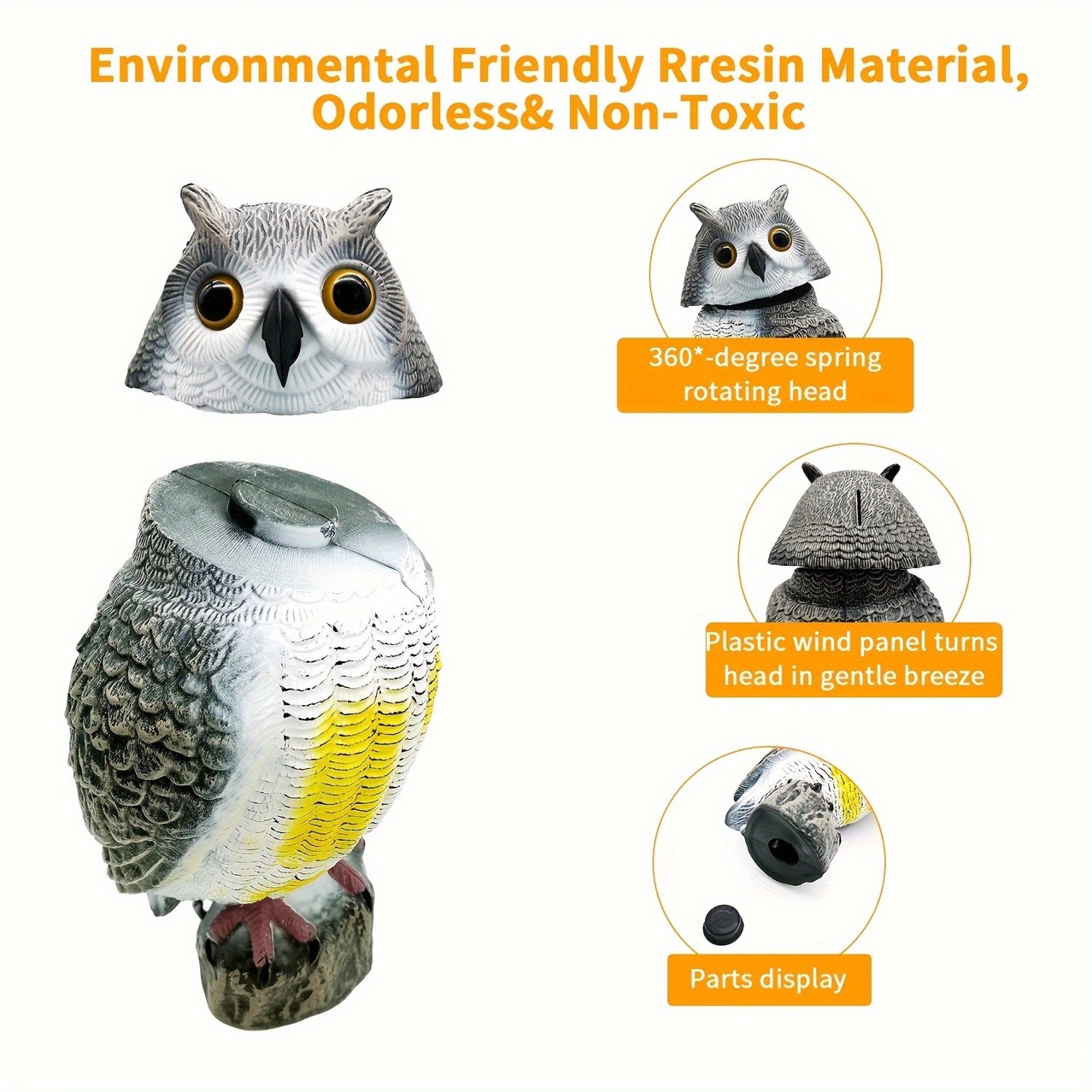 Amazon simulación de plástico de estómago blanco búho cabeza giratoria jardín terraza ornamentos repelentes de ratas pájaros Shenji