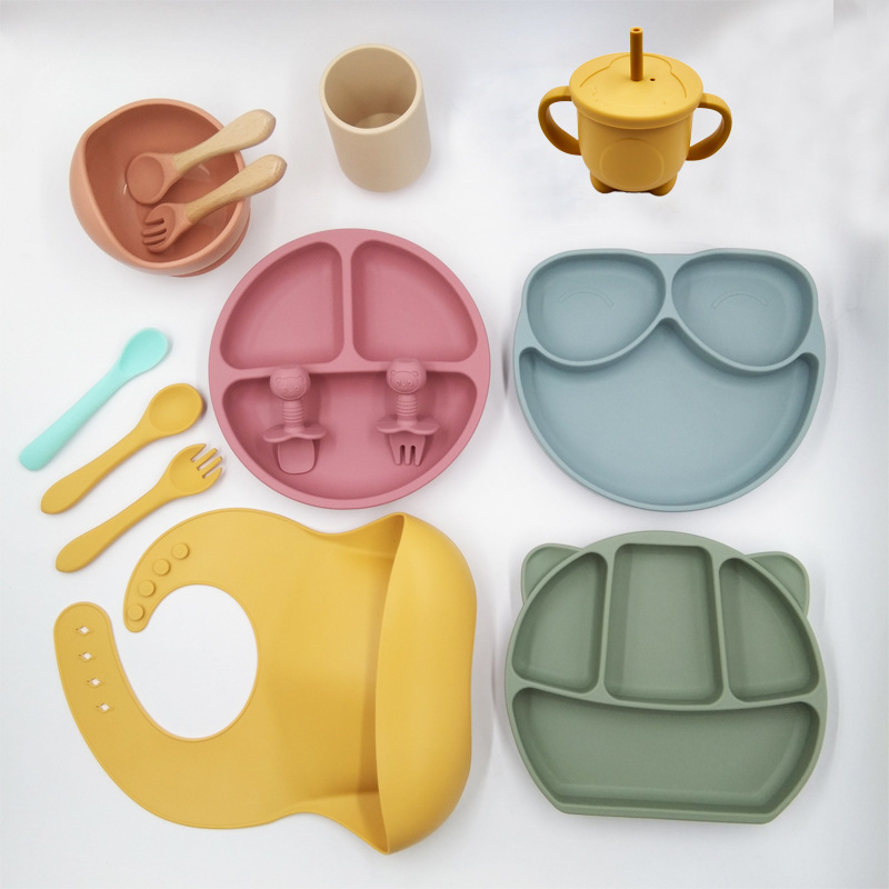 Baby Children's Silicone Bib One-piece Split Sucker Dinner Plate Straw Drinking Cup Feeding Bowl Fork Spoon Set