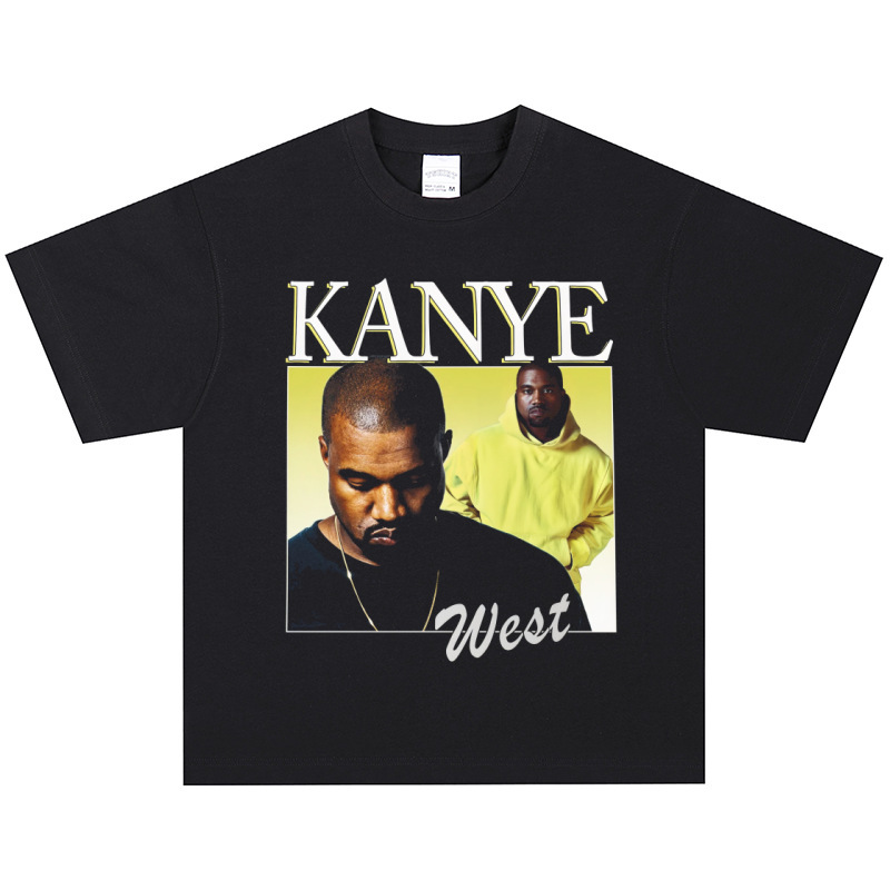 Kanye West Hip-Hop Rapper American Retro T-Shirt Distressed Street Heavy Short-Sleeved Vintage Long-Sleeved
