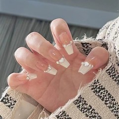 B508 Love Puff Autumn and Winter New Nude Milky White French Pearl Wearable Nails European and American Style Long Trapezoid Nail Art Pieces