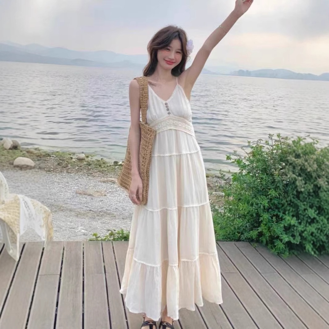 여성을위한 프랑스 스타일 부드러운 스타일 서스펜더 드레스 2025 새로운 여름 스타일 해변 휴가 슈퍼 요정 해변 드레스