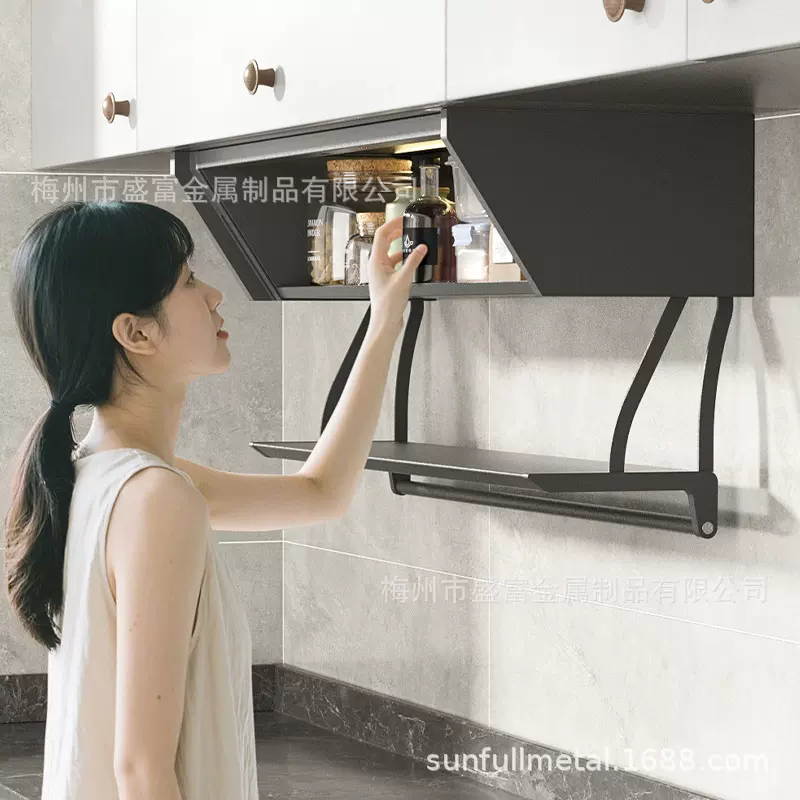 吊柜下拉储物盒柜底隐藏调味料盒下翻拉篮厨房备菜置物架双层折叠