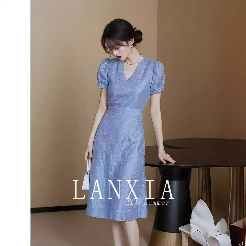 Fl240671 New Long Skirt Accessible Luxury Formal Occasion French Elegant Waist Blue Dress Women Summer