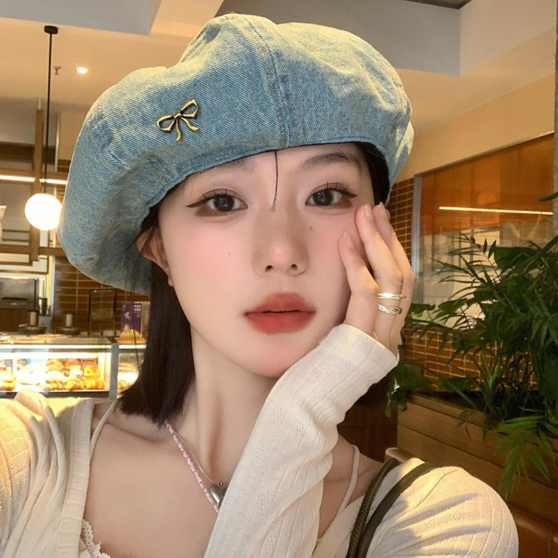 Basco donna in denim azzurro con fiocco stile coreano elegante_voghion.com