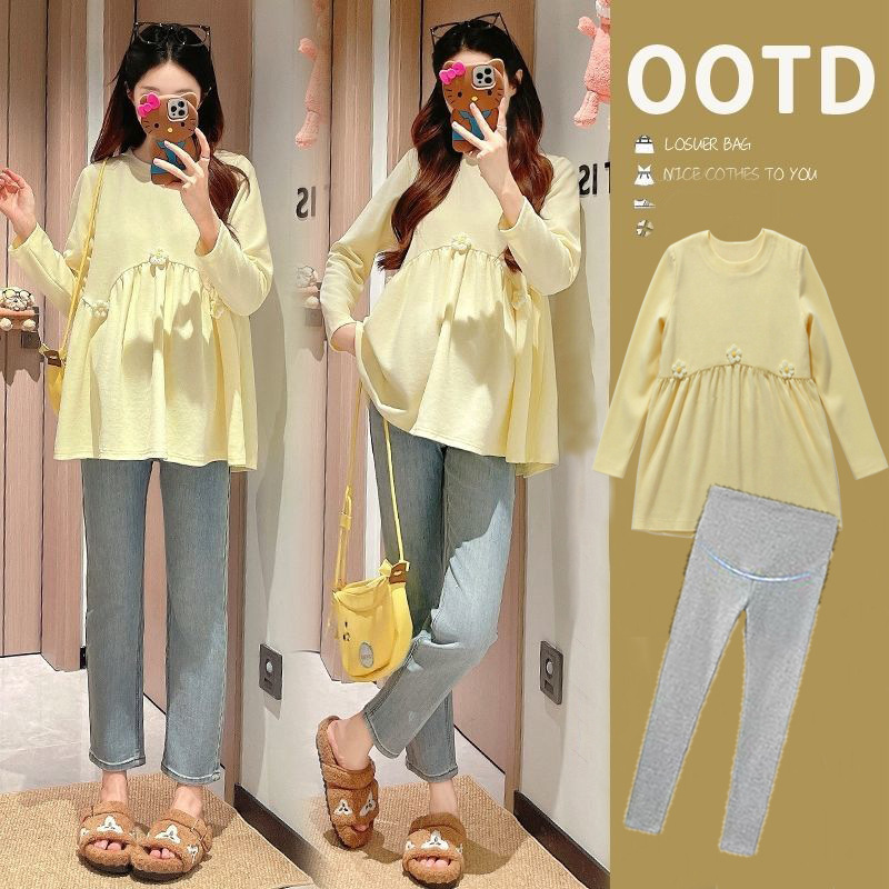 Maternity Suit to Cover Pregnancy Belly, Embroidered Baby Doll Top, Long-Sleeved Pregnancy Spring & Fall Warm Bottoming Shirt Dress, Autumn and Winter