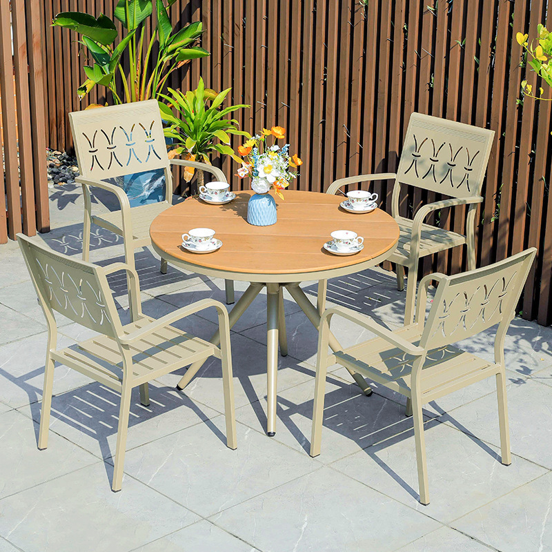 Mesas y sillas de patio al aire libre Sillas de parque de madera de plástico Balcón Jardín Mesas y sillas de comedor al aire libre Mesas y sillas de aleación de aluminio de madera de plástico al aire libre