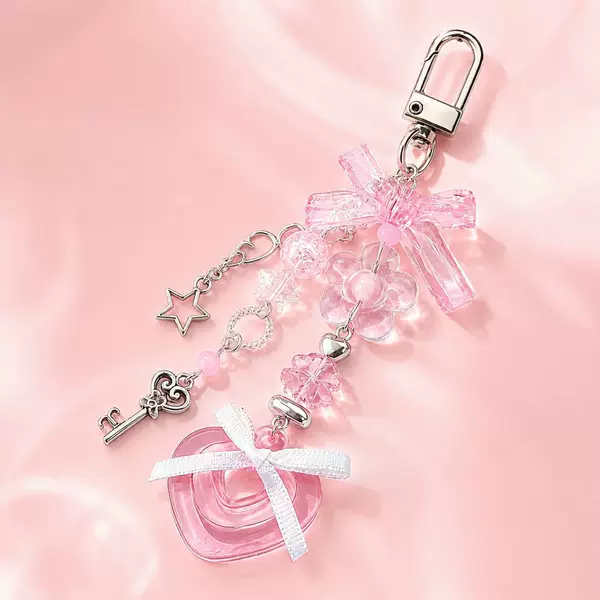 【Peach Heart Keychain】Handmade beaded phone chain pendant keychain with star and small flower designs
