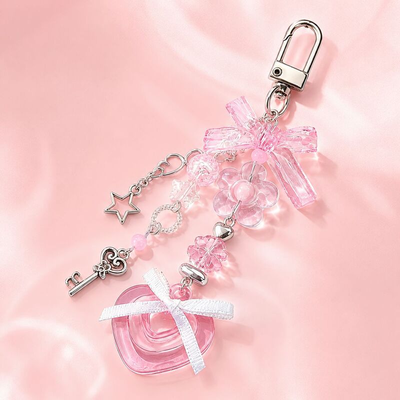 【Peach Heart Keychain】Handmade beaded phone chain pendant keychain with star and small flower designs 【Peach Heart Keychain】Handmade beaded phone chain pendant keychain with star and small flower designs