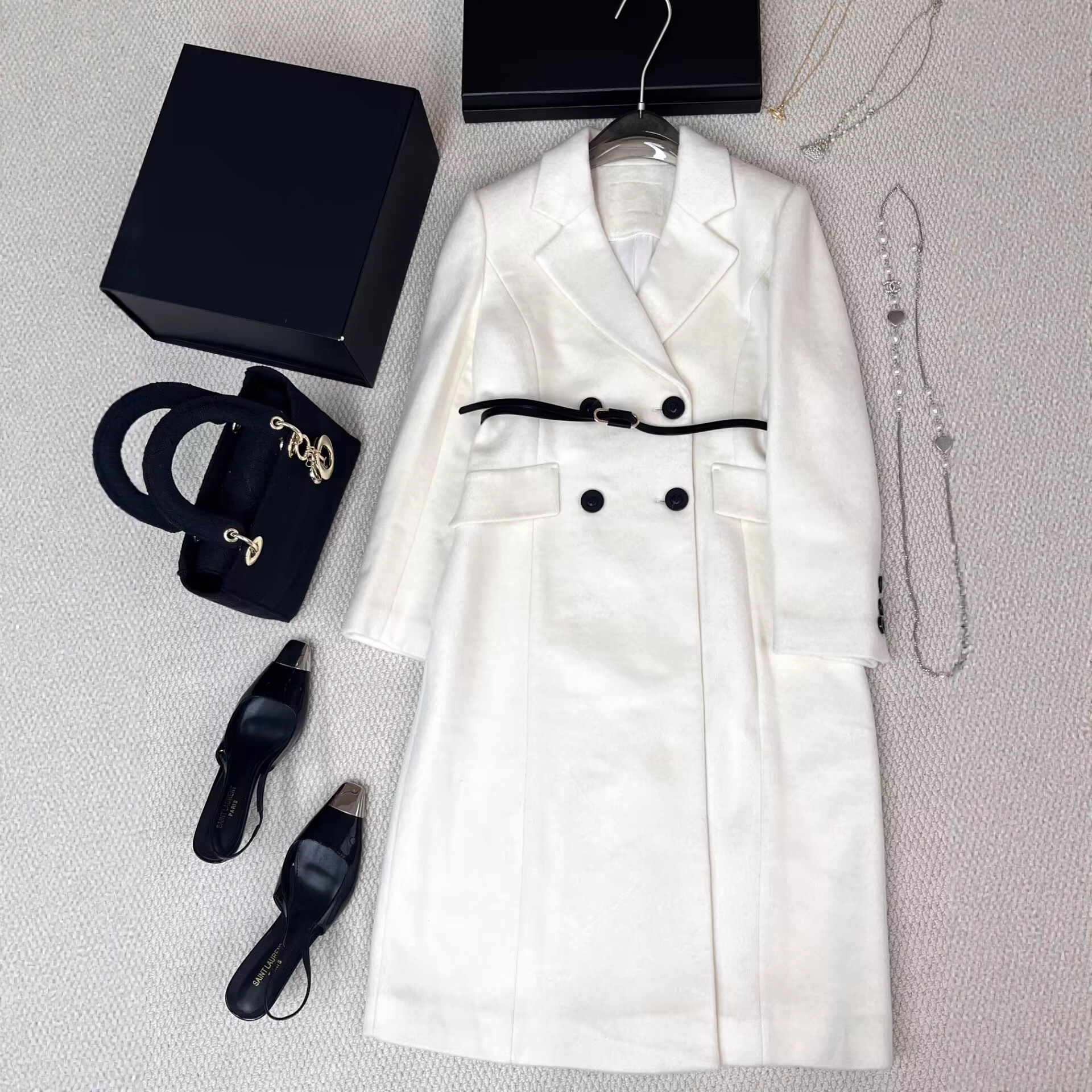 南油秋冬新款双排扣带里布骆驼绒西装领皮腰带长款大衣[玫瑰系列]