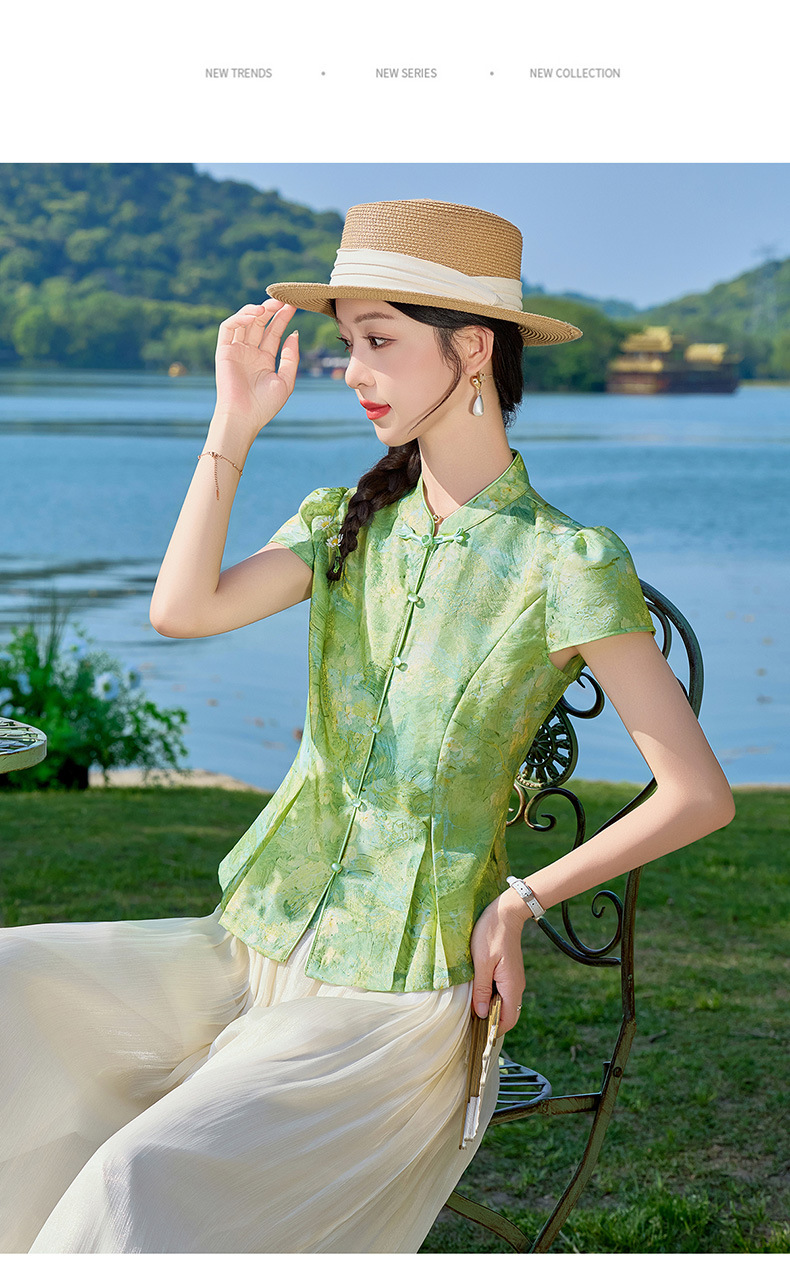 Bộ quần áo nữ mùa hè 2026 sơ mi cổ đứng họa tiết jacquard + quần ống đứng hai mảnh ZQ620 — Màu ảnh chi tiết 18