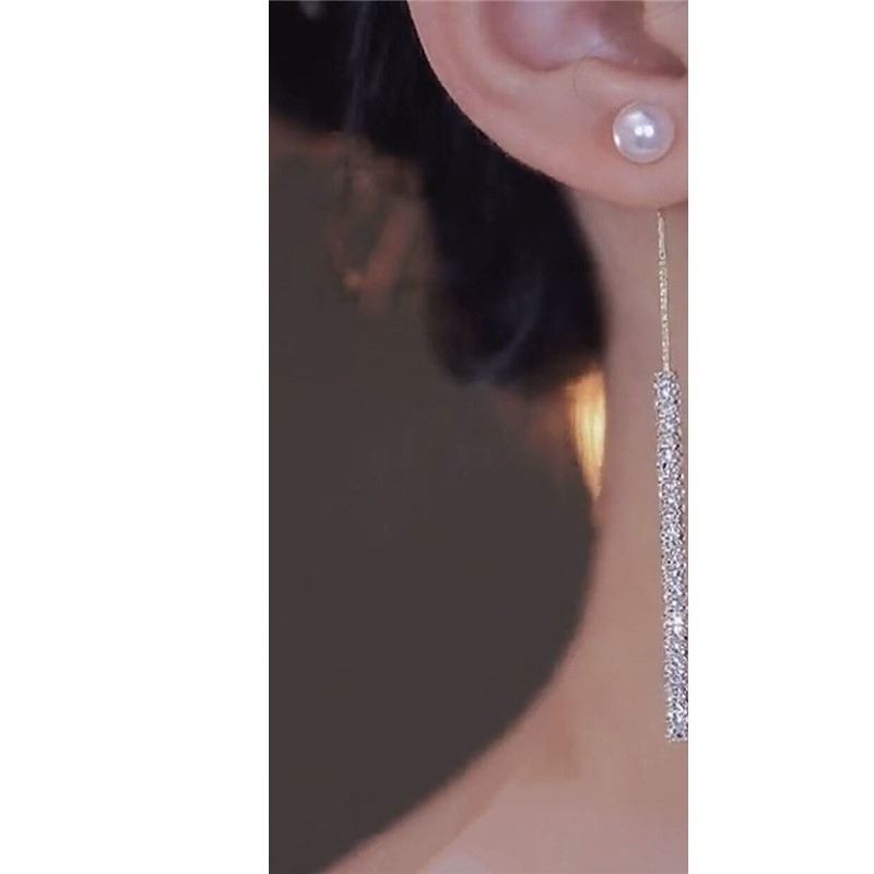 Alto grado completo diamante borla pendientes de las mujeres luz lujo cara adelgazar exquisitos pendientes de perlas aguja de plata diseño pendientes simples