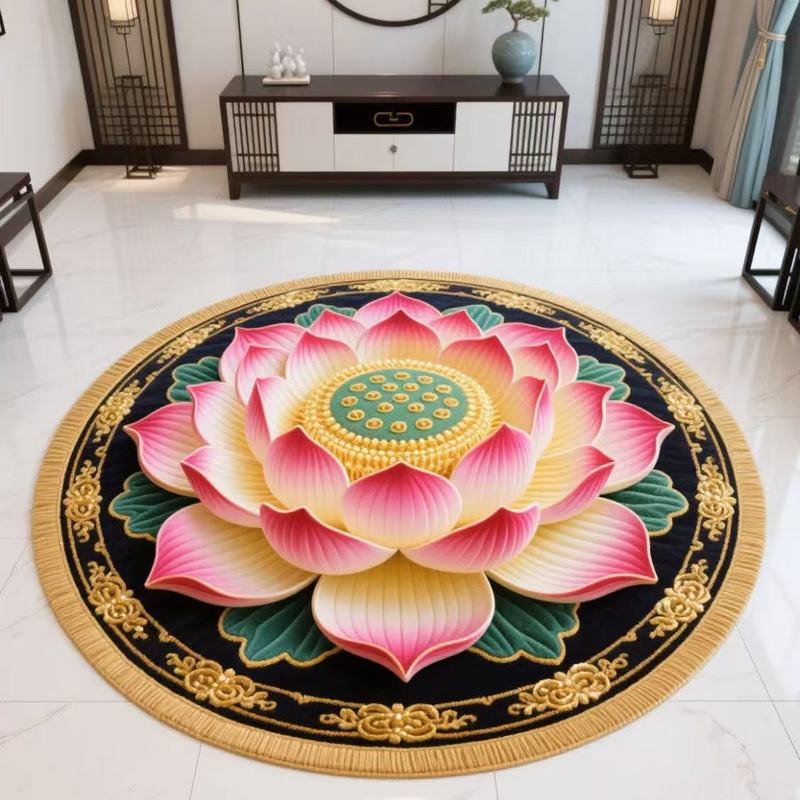 地毯莲花跪拜跪垫圆形立体满铺水晶中式荷花卧室地垫古典客厅家用|undefined