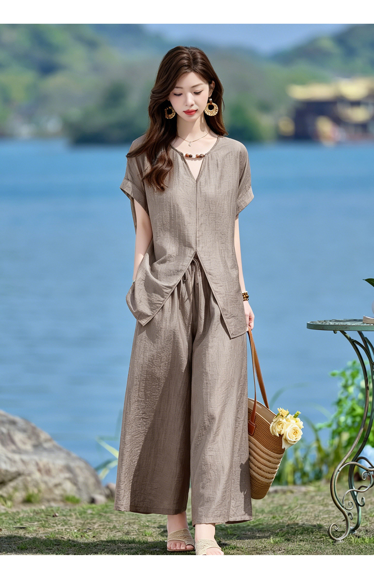 Bộ quần áo nữ hai mảnh gồm áo thun cổ V rộng và quần dài ống rộng phong cách tối giản — Cam đỏ, Màu cà phê nhạt, màu trắng ngà chi tiết 21