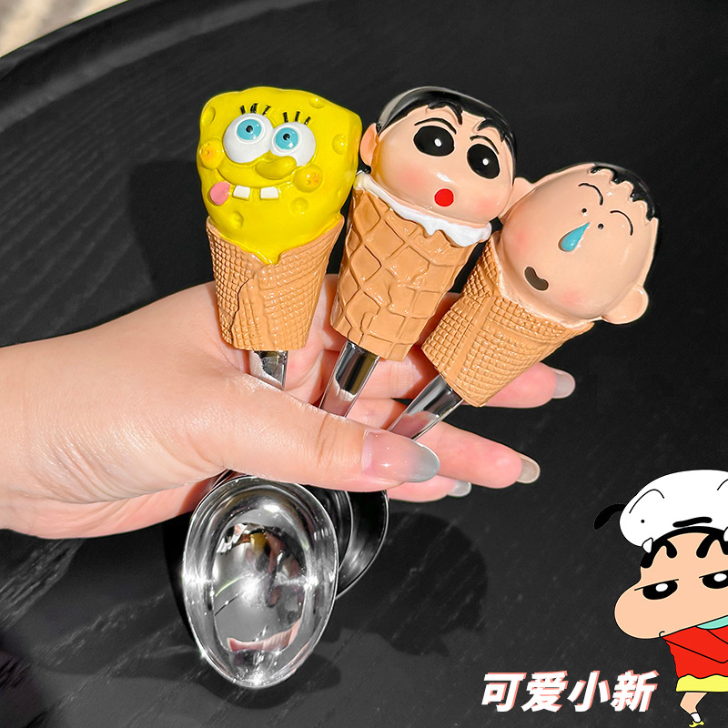卡通海绵宝宝西瓜勺冰激凌甜品勺可爱创意家用不锈钢餐具汤饭勺子|undefined