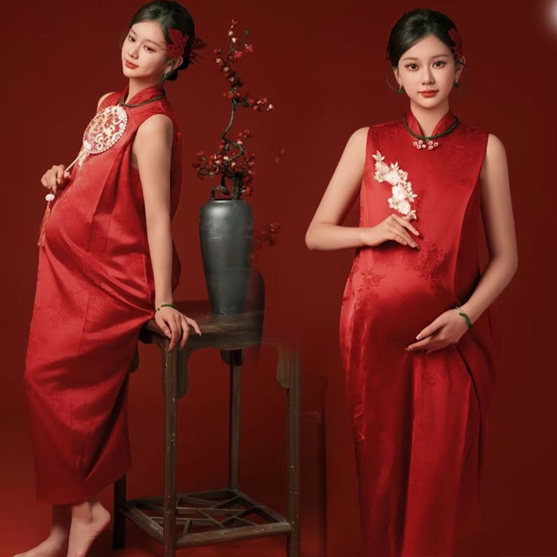 影楼孕妇照服装新中式国风新款新年主题红色裙子孕妇照衣服在家拍