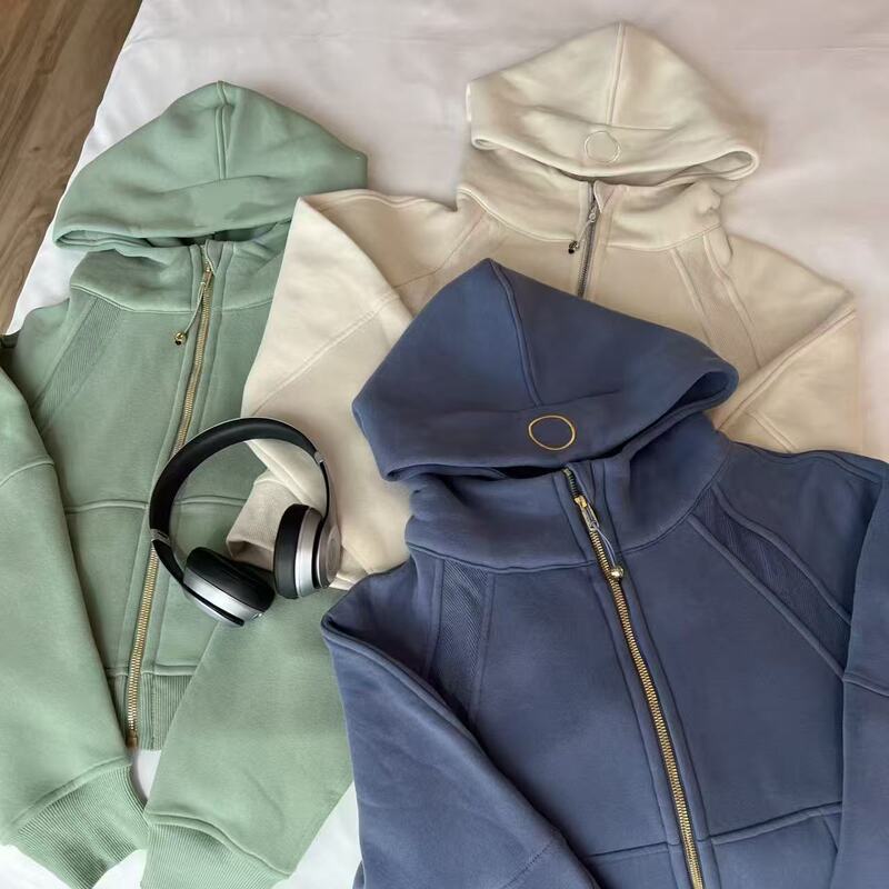 Lulu-Style Scuba Coffee Embroidery Women's Loose Sweatshirt with Fleece Lining, Warm Full-Zip Hooded Jacket