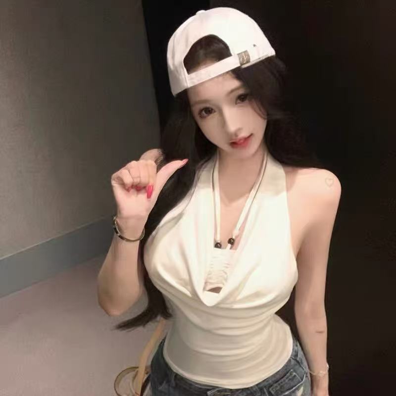 爱依轩 纯欲风褶皱荡领挂脖吊带背心女新款法式气质收腰无袖上衣|undefined