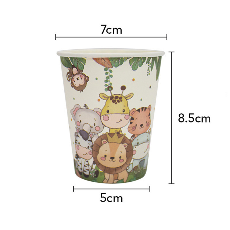 Segunda generación Forest Zoo fiesta de cumpleaños infantil suministros vajilla desechable taza de papel Placa de papel banner diseño traje