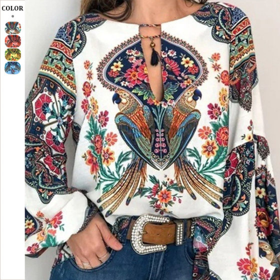 Large number in stock 2024 spring and summer new women's clothing fashion personality women's clothing digital printing round neck lantern sleeve shirt